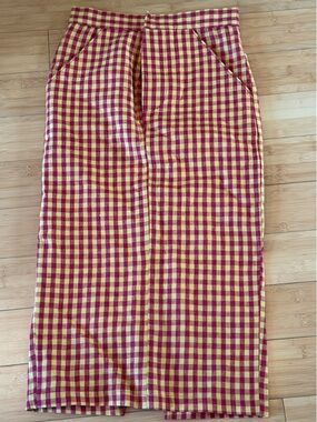 LIKE NEW! Classic! Zankov Yellow Red Plaid Linen Midi Length Pencil Skirt Sz XS